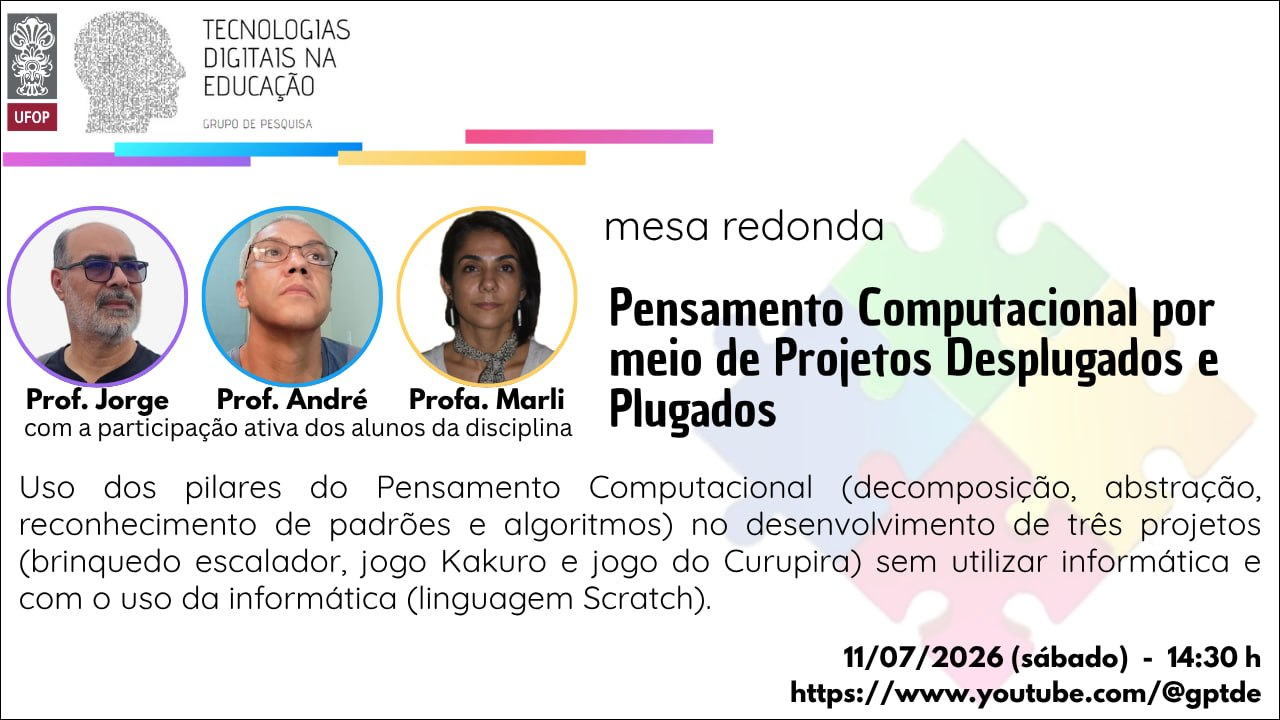Cartaz digital com fundo branco e elementos gráficos coloridos. No canto superior esquerdo aparecem o logotipo da UFOP e a identidade visual do grupo de pesquisa 